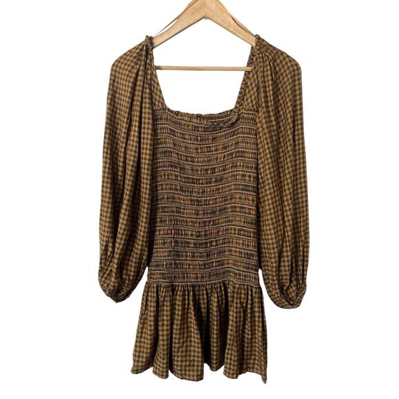 Urban Outfitters Brown Plaid Smocked Balloon Sleeve Tunic Mini Dress Small NWT - Picture 1 of 5